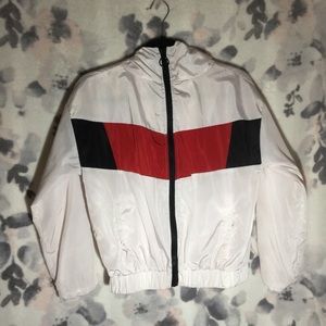 White and Red Cropped Windbreaker